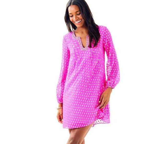 Lilly Pulitzer Dresses & Skirts - LILLY PULITZER Colby Silk Long Sleeve Tunic Dress Pink Gold 2